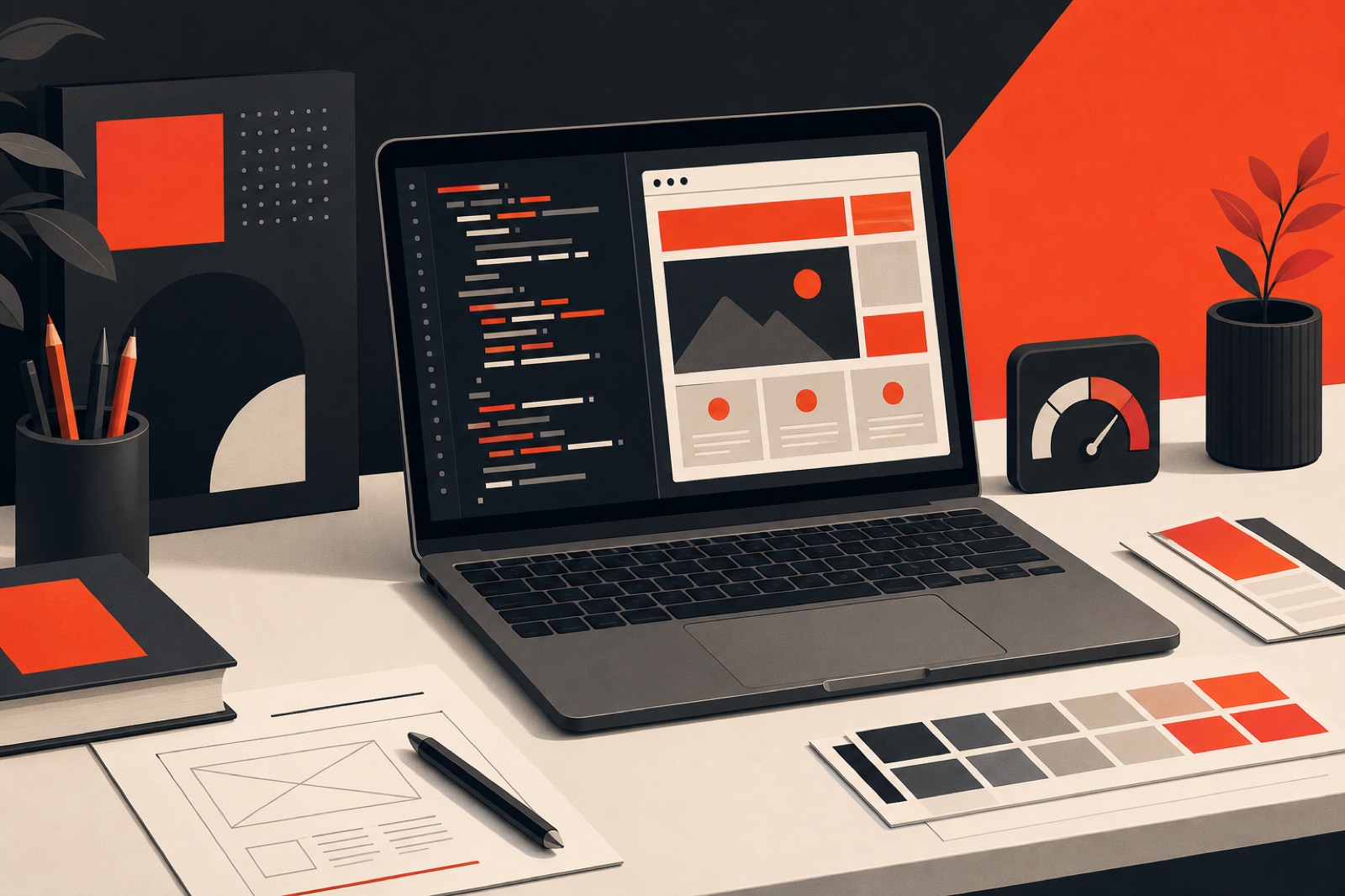 Editorial illustration of a web development desk and browser layout